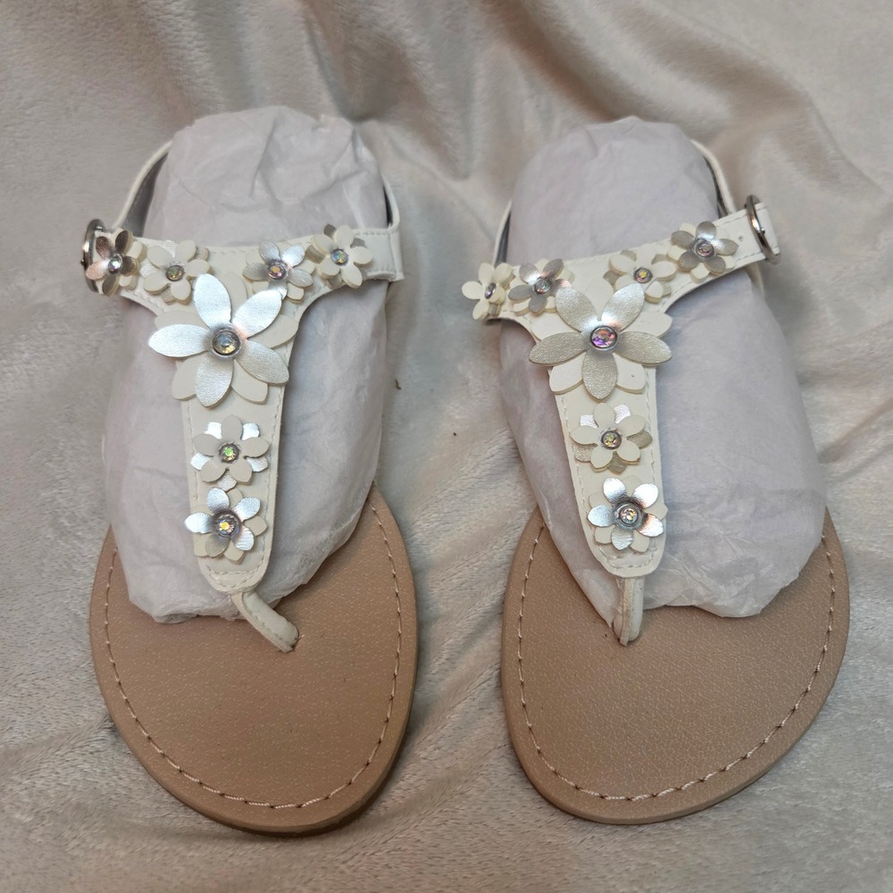 The Childrens Place Girls White Floral T-Strap Sandals Rhinestone Size 2 3037937